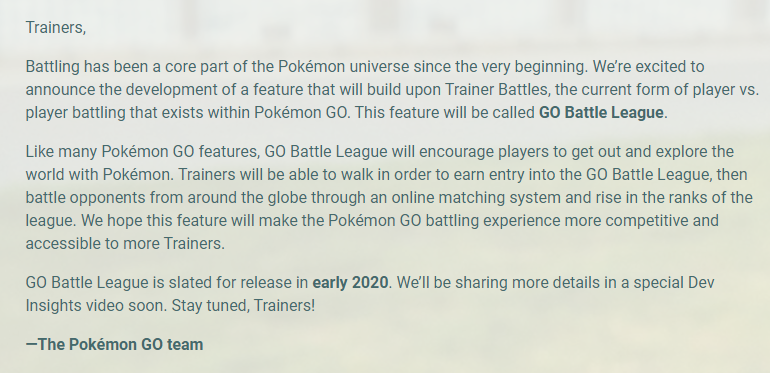 《宝可梦GO》公布全新PVP对战模式 2020年初上线
